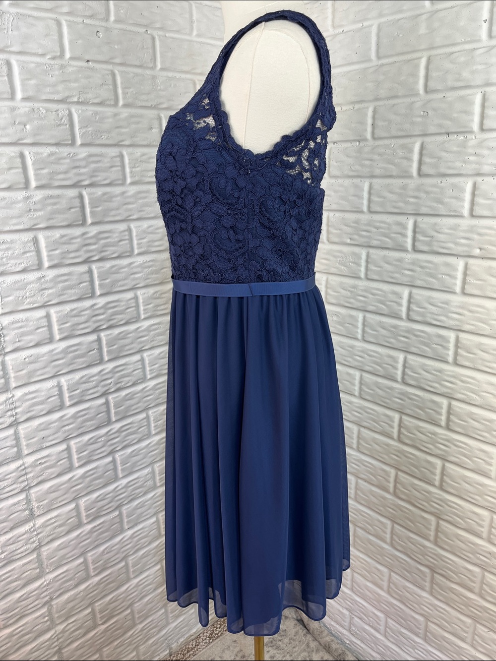 DAVID’S BRIDAL ONE SHOULDER MARINE NAVY LACE SHORT BRIDESMAID DRESS LINED SZ 8 - Picture 5 of 14